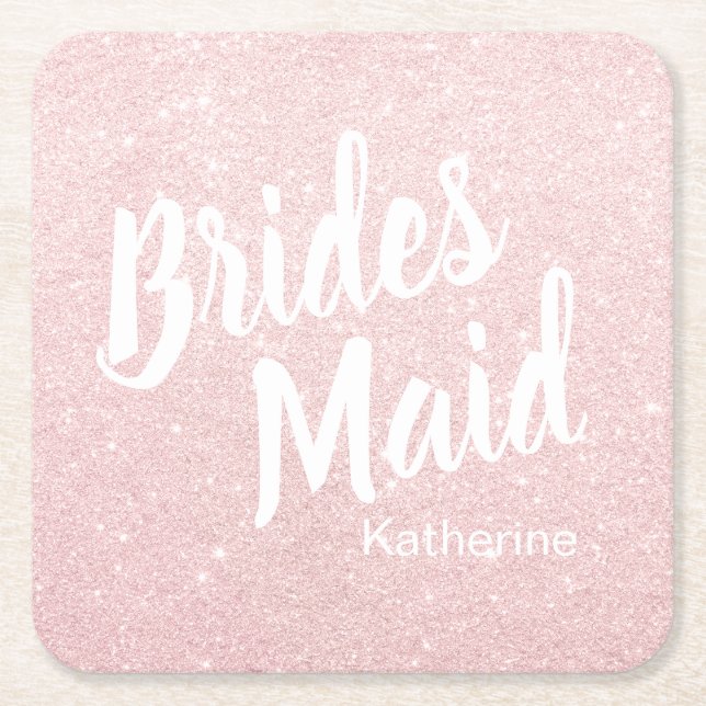 Elegant pretty chick rose gold glitter bridesmaid square paper coaster (Front)