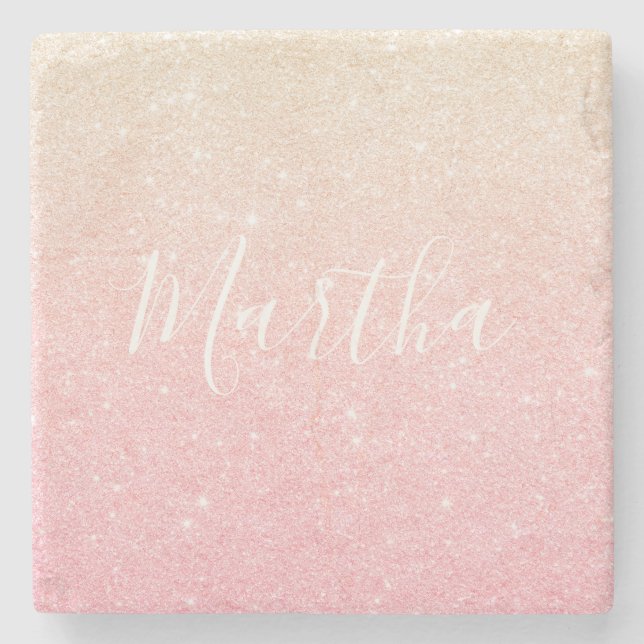 Elegant pretty girly gradient rose gold glitter stone coaster (Front)