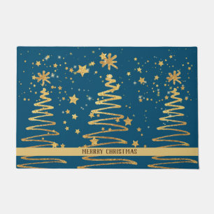 Elegant pretty modern gold tree luxury navy blue doormat