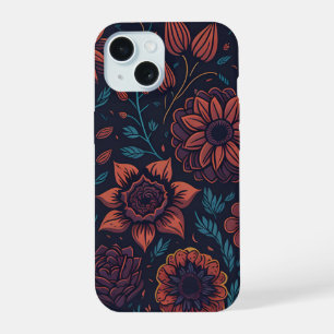 Elegant Pretty Modern Red and Blue Dark Floral Art iPhone 15 Case