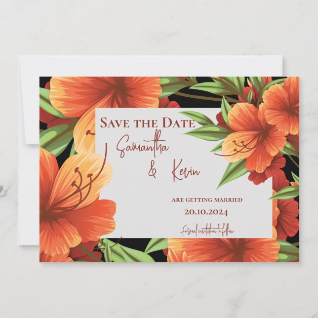 Elegant Pretty Orange Floral Wedding Save The Date (Front)