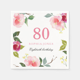 Elegant Pretty Pink Floral 80th Birthday Party Napkin