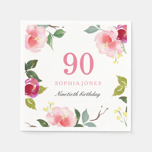 Elegant Pretty Pink Floral 90th Birthday Party Napkin (Front)