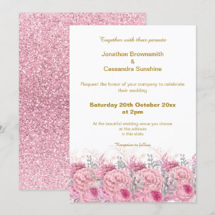 ELEGANT PRETTY PINK FLORAL GLITTER WEDDING INVITATION