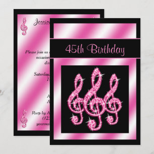 Elegant, Pretty Pink Treble Clefs 45th Birthday Invitation
