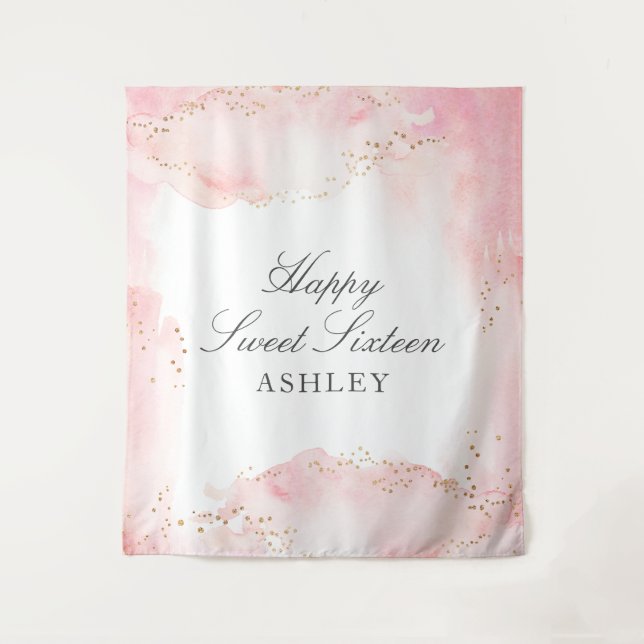 Elegant Pretty Pink Watercolor Gold Sweet 16 Party Tapestry (Front)