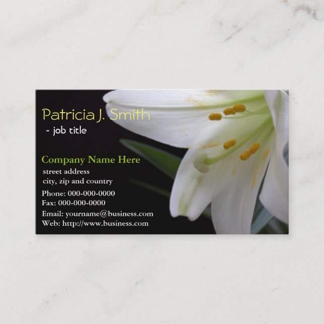 Elegant, pretty pure white lily flower business card (Front)