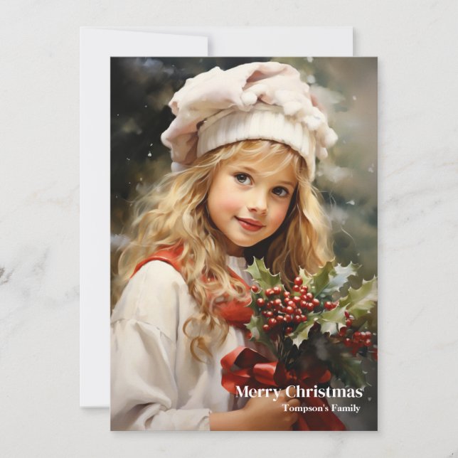 Elegant pretty retro little girl holly berry holiday card (Front)