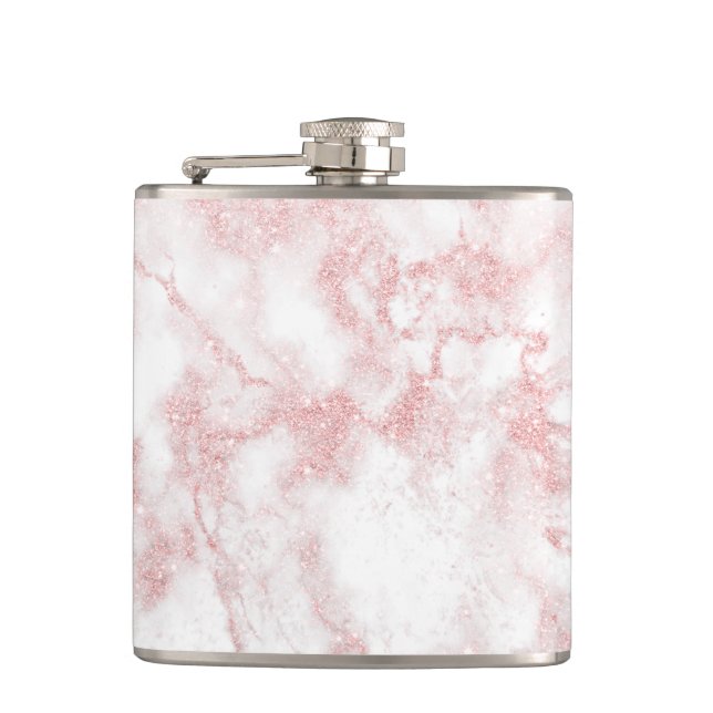 Elegant pretty rose gold glitter white marble hip flask (Front)