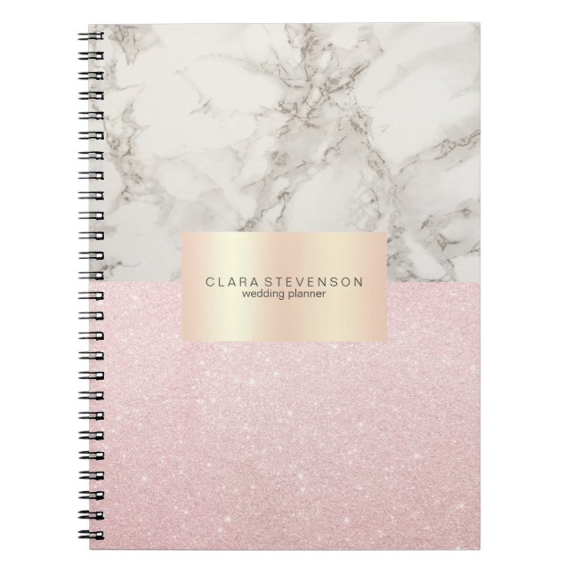 Elegant pretty rose gold glitter & white marble notebook (Front)