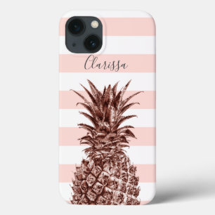 Elegant pretty rose gold pineapple & pink stripe iPhone 13 case