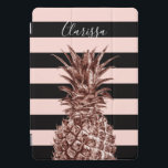 Elegant pretty rose gold pineapple & pink stripe iPad pro cover<br><div class="desc">Modern and cute faux rose gold pineapple,  blush pink and black stripe background.</div>