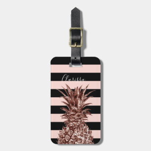 Elegant pretty rose gold pineapple & pink stripe luggage tag