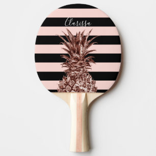 Elegant pretty rose gold pineapple & pink stripe ping pong paddle