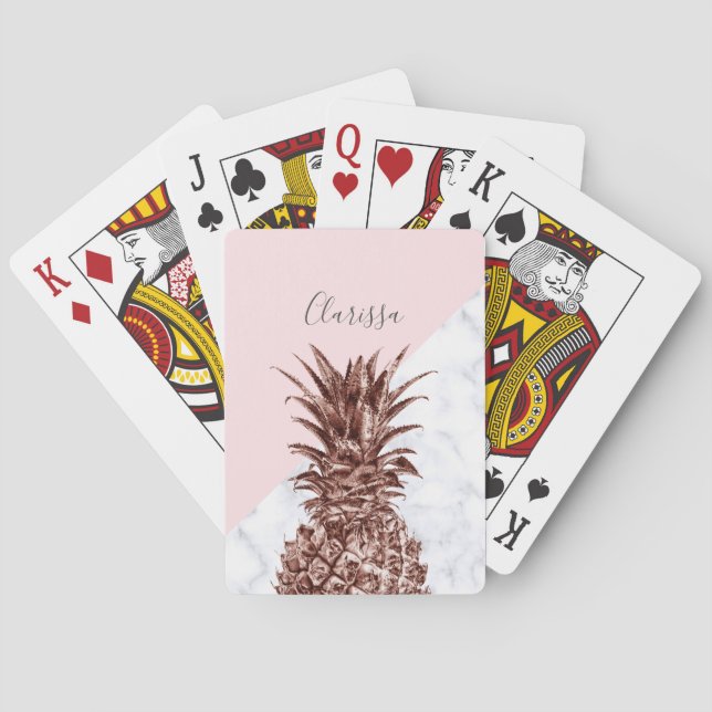 Elegant pretty rose gold pineapple white marble playing cards (Back)