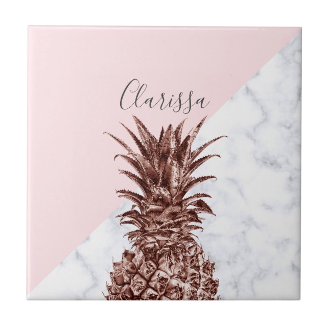 Elegant pretty rose gold pineapple white marble tile (Front)
