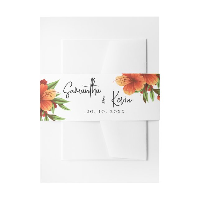 Elegant Pretty Script Orange Floral Wedding Invitation Belly Band (Front Example)