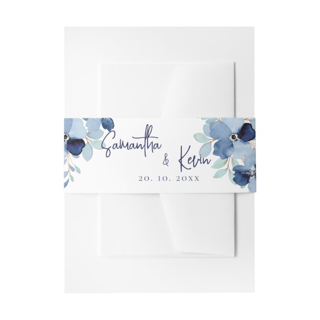 Elegant Pretty Stale Blue Floral Wedding Invitation Belly Band (Front Example)