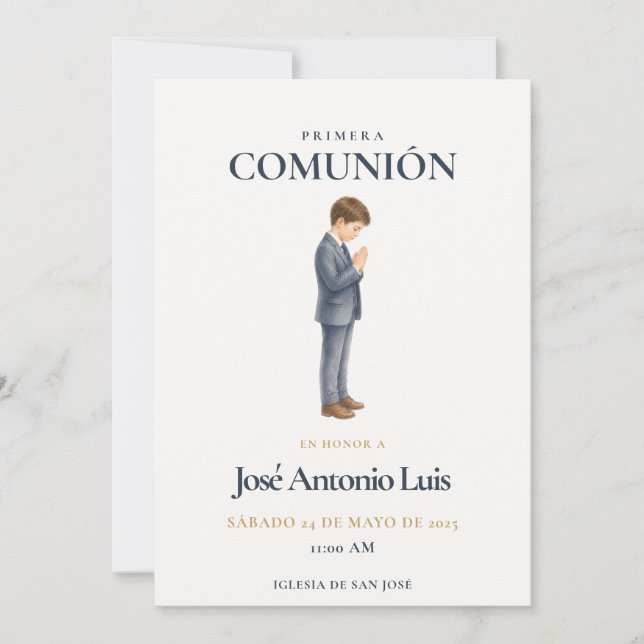 Elegant Primera Comunión  Niño Rezando Invitation (Front)