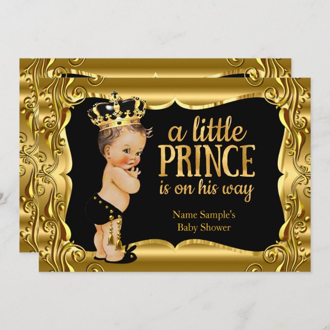 Elegant Prince Baby Shower Black Gold Brunette Invitation (Front/Back)
