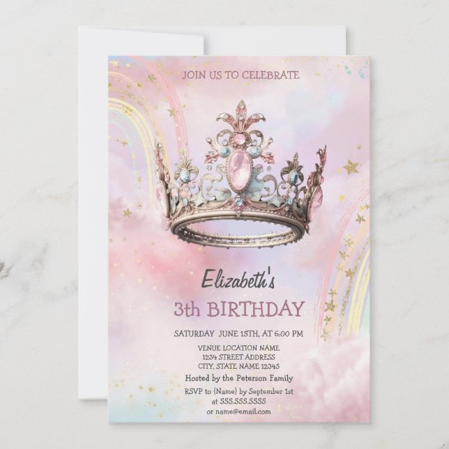 Elegant Princess Crown Castle Rainbow Birthday  Invitation (Front)