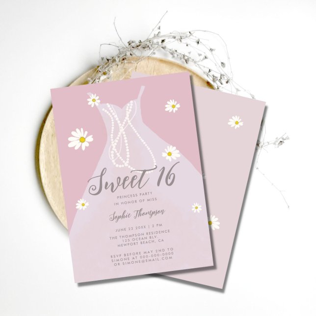 Elegant Princess Dress Pink White Daisies Sweet 16 Invitation (Creator Uploaded)