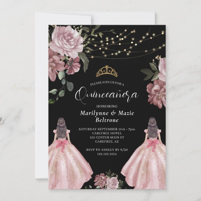 Elegant Princess Floral Twins Quinceañera Invitation (Front)