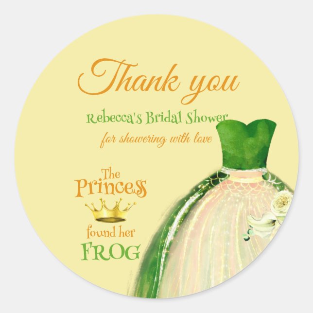 Elegant Princess Frog Bridal Shower Thank you Classic Round Sticker (Front)
