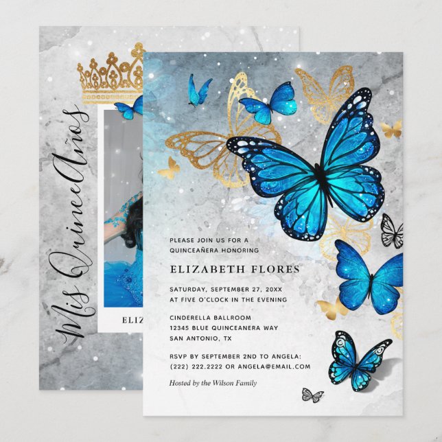 Elegant Princess Gold Blue Butterfly Quinceanera Invitation (Front/Back)