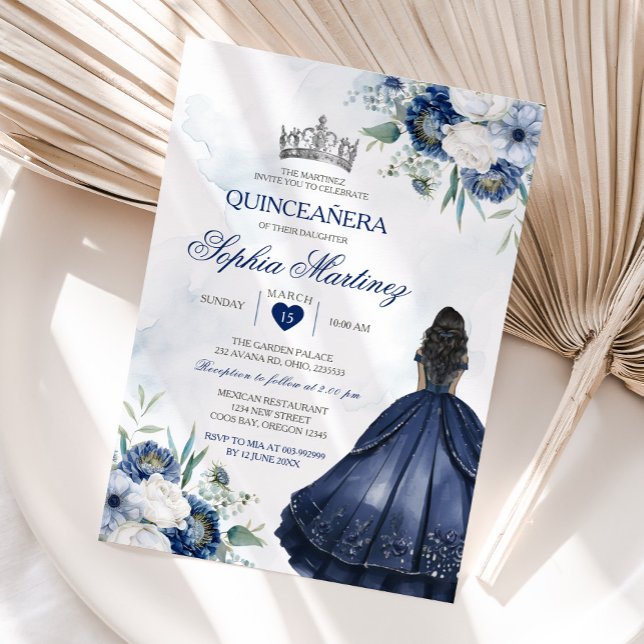 Elegant Princess Quiñceanera Navy Floral Silver Invitation (Creator Uploaded)