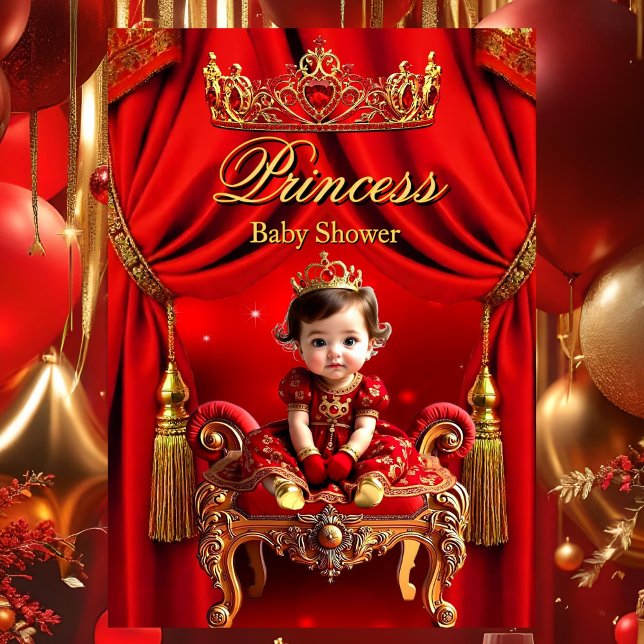 Elegant Princess Red Gold Cute Baby Shower Invitation (Creator Uploaded)