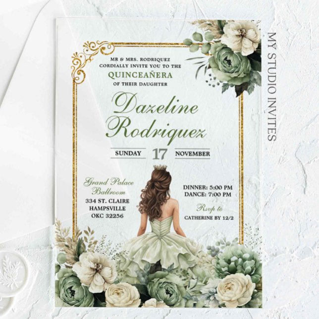 Elegant Princess Sage Green Floral Quinceañera Acrylic Invitations (Creator Uploaded)