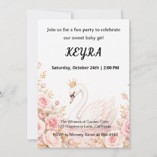 Elegant Princess Swan Pink Floral Birthday  Invitation