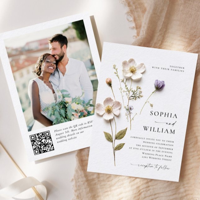 Elegant Print Pressed Pastel Boho Flowers Wedding Invitation (Creator Uploaded)