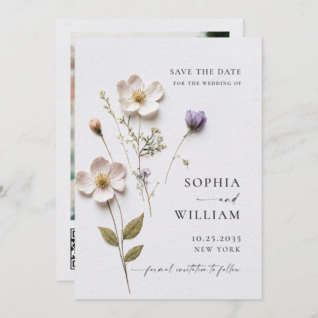Elegant Print Pressed Pastel Boho Flowers Wedding Save The Date (Front/Back)