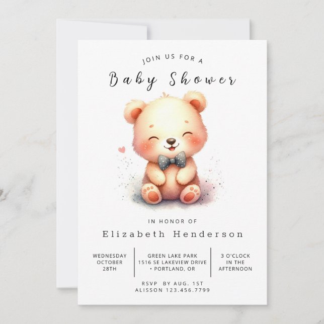 Elegant Printable Bear Baby Shower Invitation (Front)