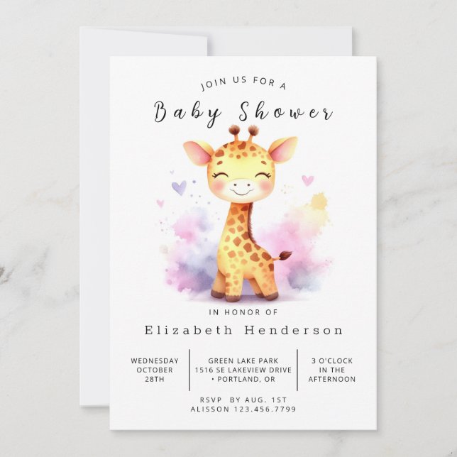 Elegant Printable Giraffe Baby Shower Invitation (Front)