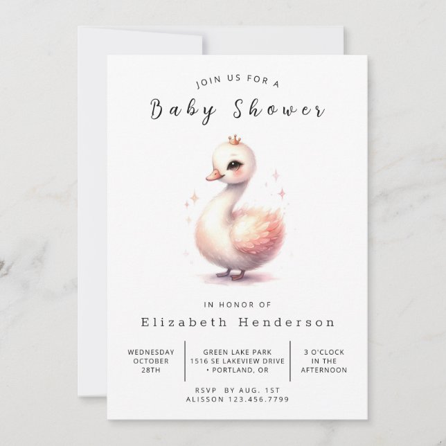 Elegant Printable Swan Baby Shower Invitation (Front)
