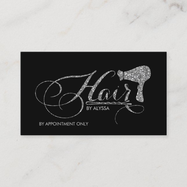 Elegant Printed Silver Glitter Script Hair Stylist Business Card (Front)