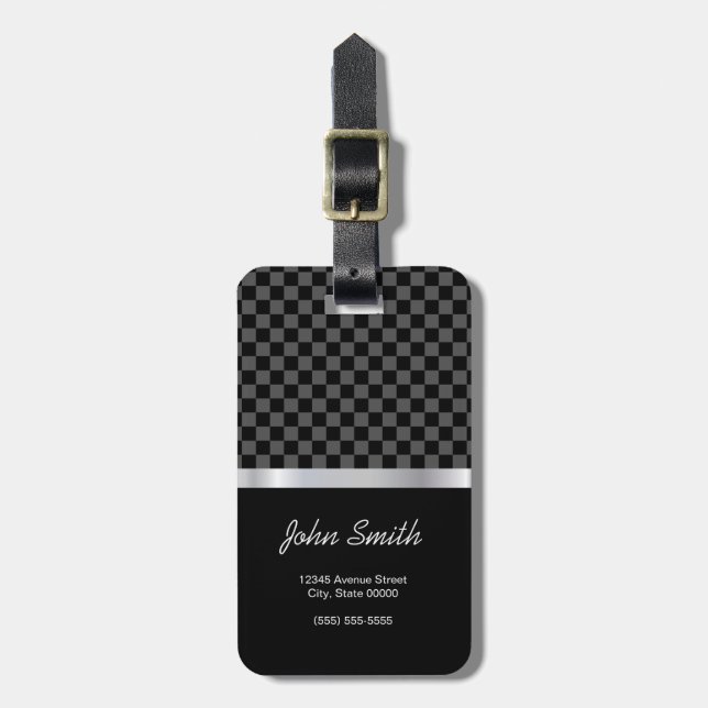 Elegant & Pro Black Silver Squares Chequered Luggage Tag (Front Vertical)