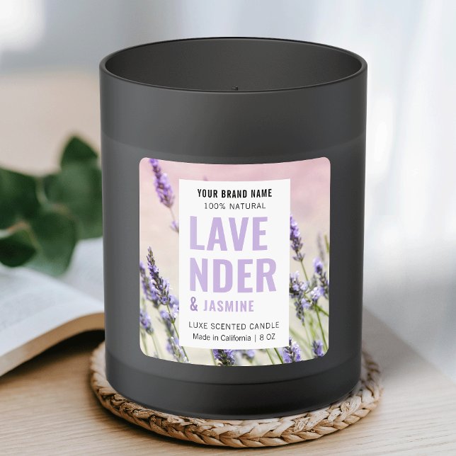 Elegant Product Packaging Candle Label With Photo (Elegant lilac and white square product label with custom image background)