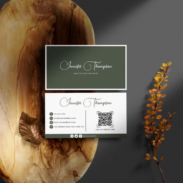 Elegant Professional Dark Green Script QR Code Business Card (Creator Uploaded)