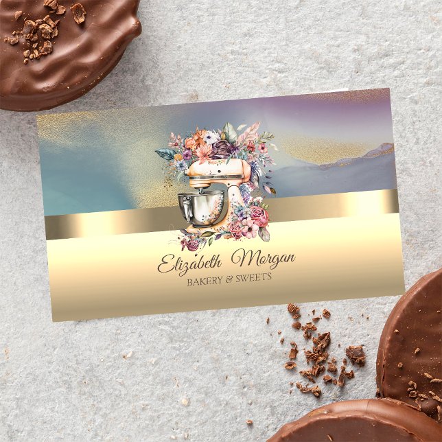 Elegant Professional Floral Mixer Bakery Gold Business Card (Creator Uploaded)
