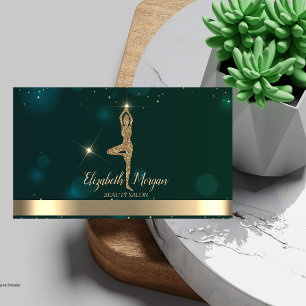 Elegant Professional Gold Glitter Yoga Girl Green  Business Card