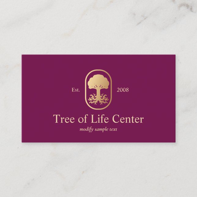 Elegant Professional Gold Tree Roots Logo Burgundy Business Card (Front)