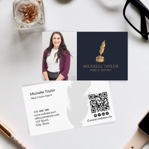 Elegant Professional Navy Mobile Notary QR Code Business Card