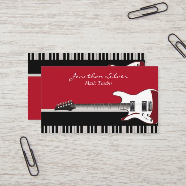 Elegant Professional Piano Keys & Guitar Music Business Card (Front/Back In Situ)