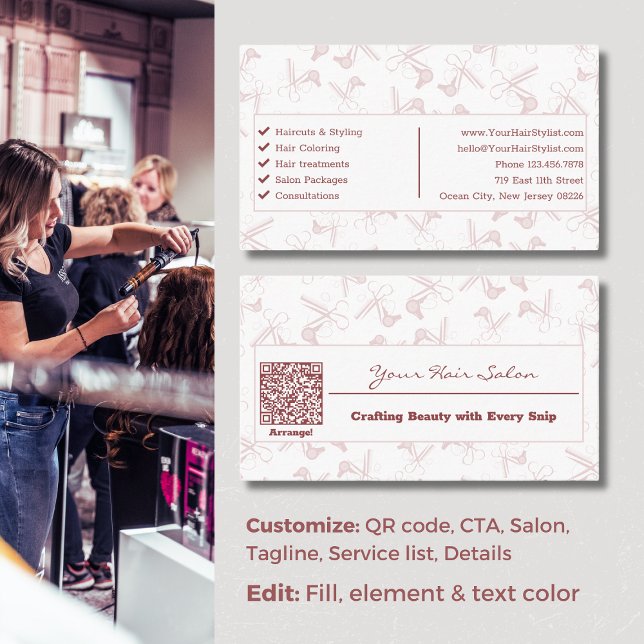 Elegant Professional Pink & White Hairdresser Business Card (Elegant Professional Pink & White Hairdresser Business Card)