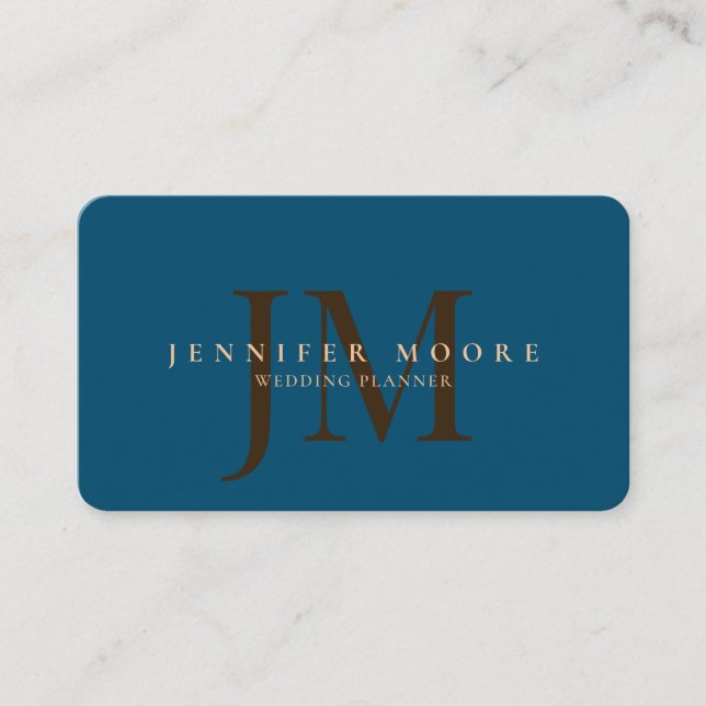 Elegant Professional Plain Blue Gold Monogram Business Card (Front)
