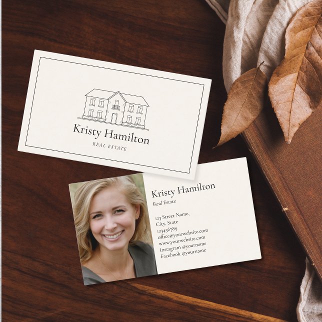 elegant professional real estate house photo business card (elegant black house logo on the beige background, simple minimalist style)